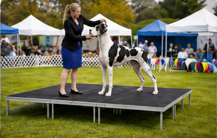 Woman standing on a portable stage with a dog