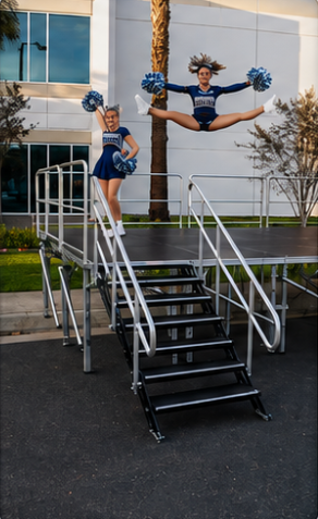 People on portable stage stairs and railing