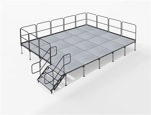 Biljax 16x20 Grey Painted Plywood Event Stage with Guardrails & Stairs