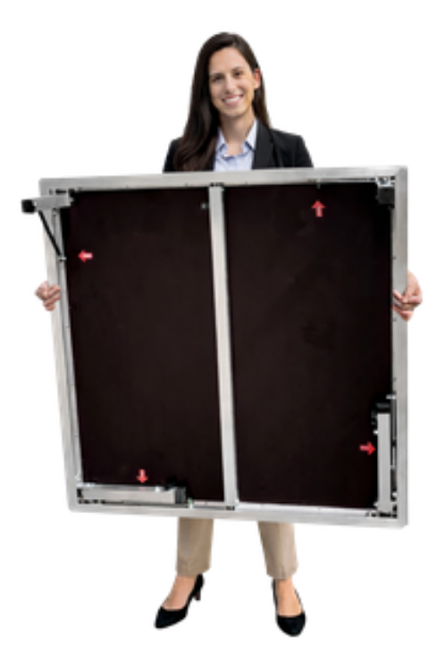Woman holding a folded stage panel � Unfold step